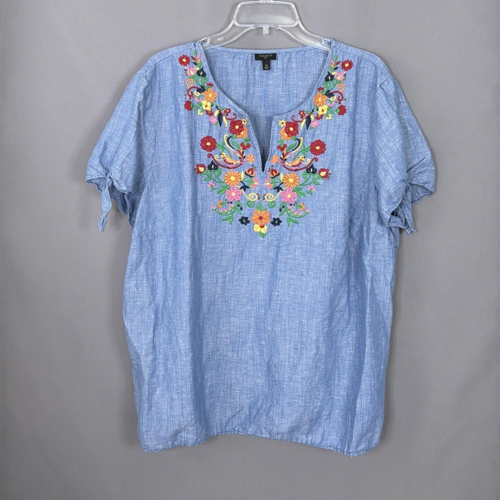 Talbots Top Womens 2X Blue Linen Cotton Embroidered Chambray Boho Coastal